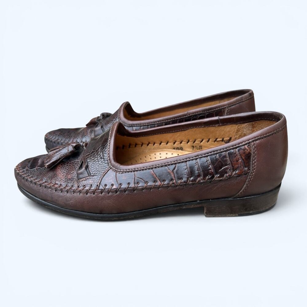 Zelli Ostrich & Leather Tassel Loafers Brown Men’s Slip On Dress Shoes Size 7.5M